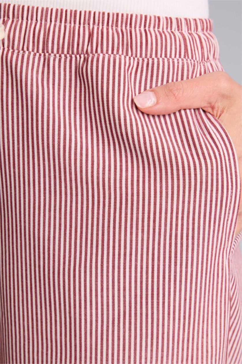 Kadın Bordo Yüksek Bel Regular Fıt Çizgili Pantolon