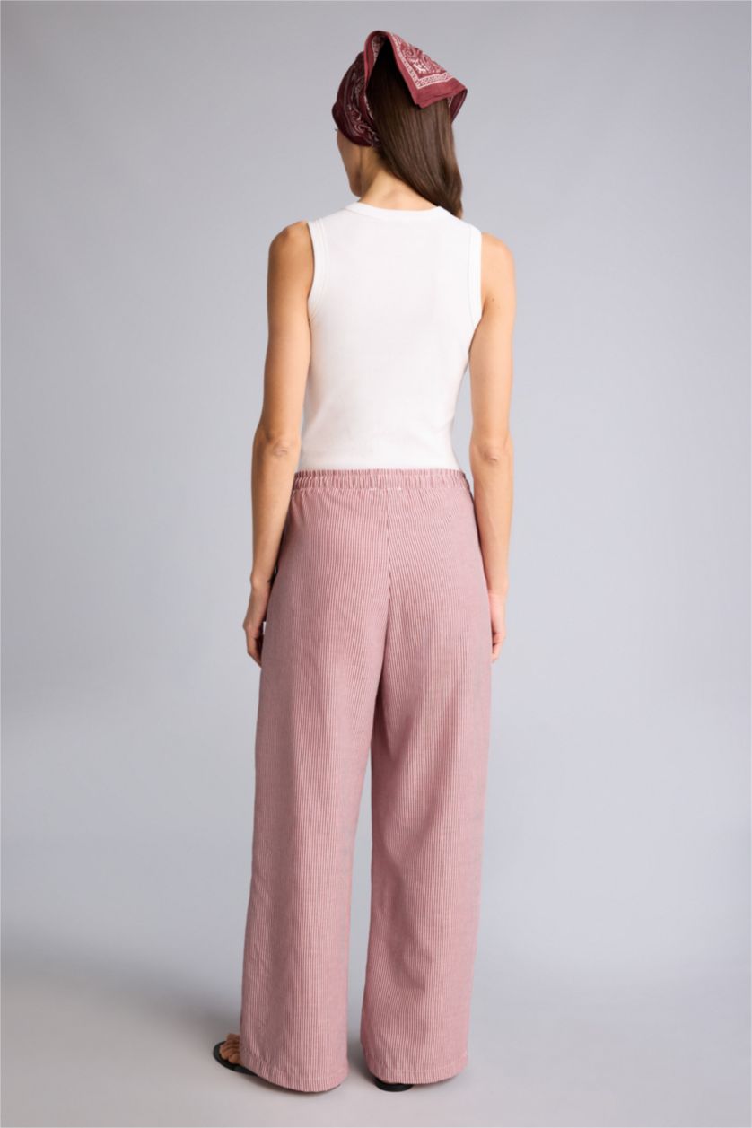 Kadın Bordo Yüksek Bel Regular Fıt Çizgili Pantolon