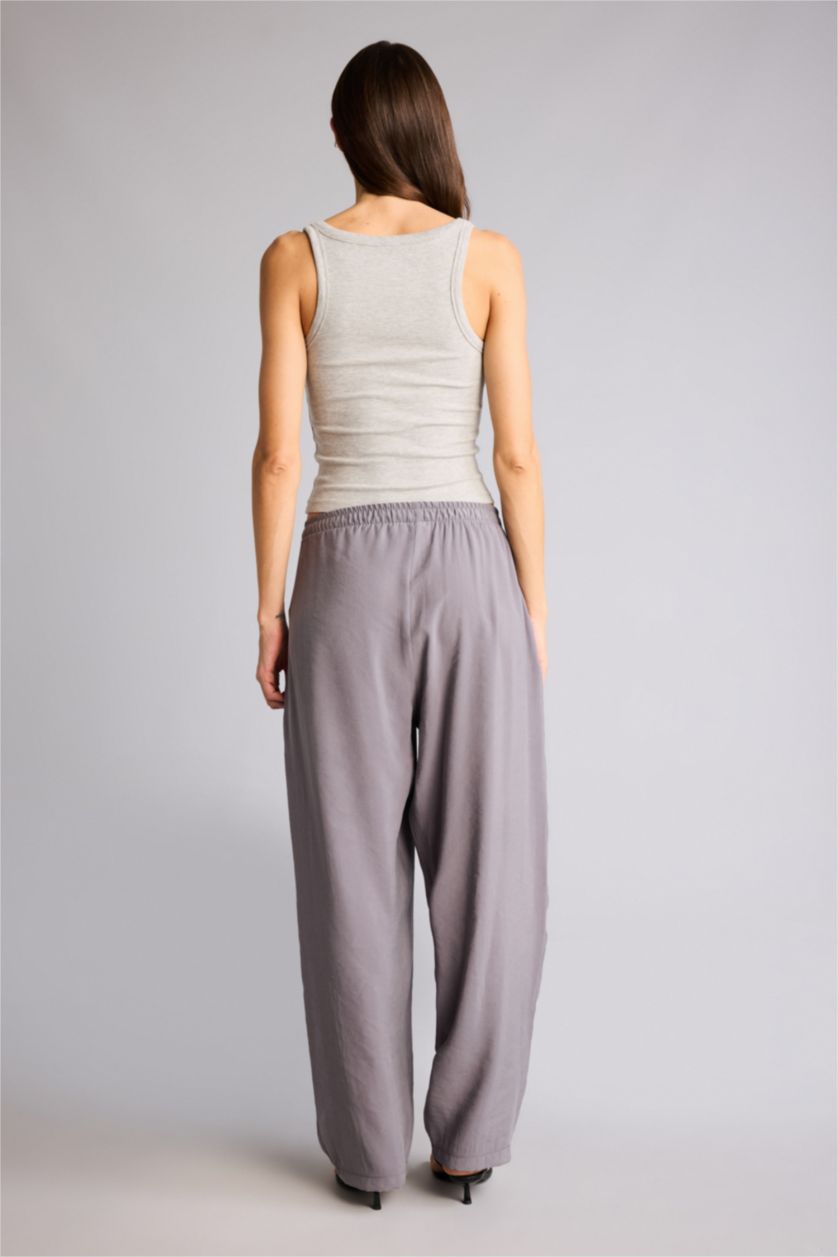 Kadın Antrasit Regular Fıt Yüksek Bel Düz Paça Keten Görünümlü Pantolon