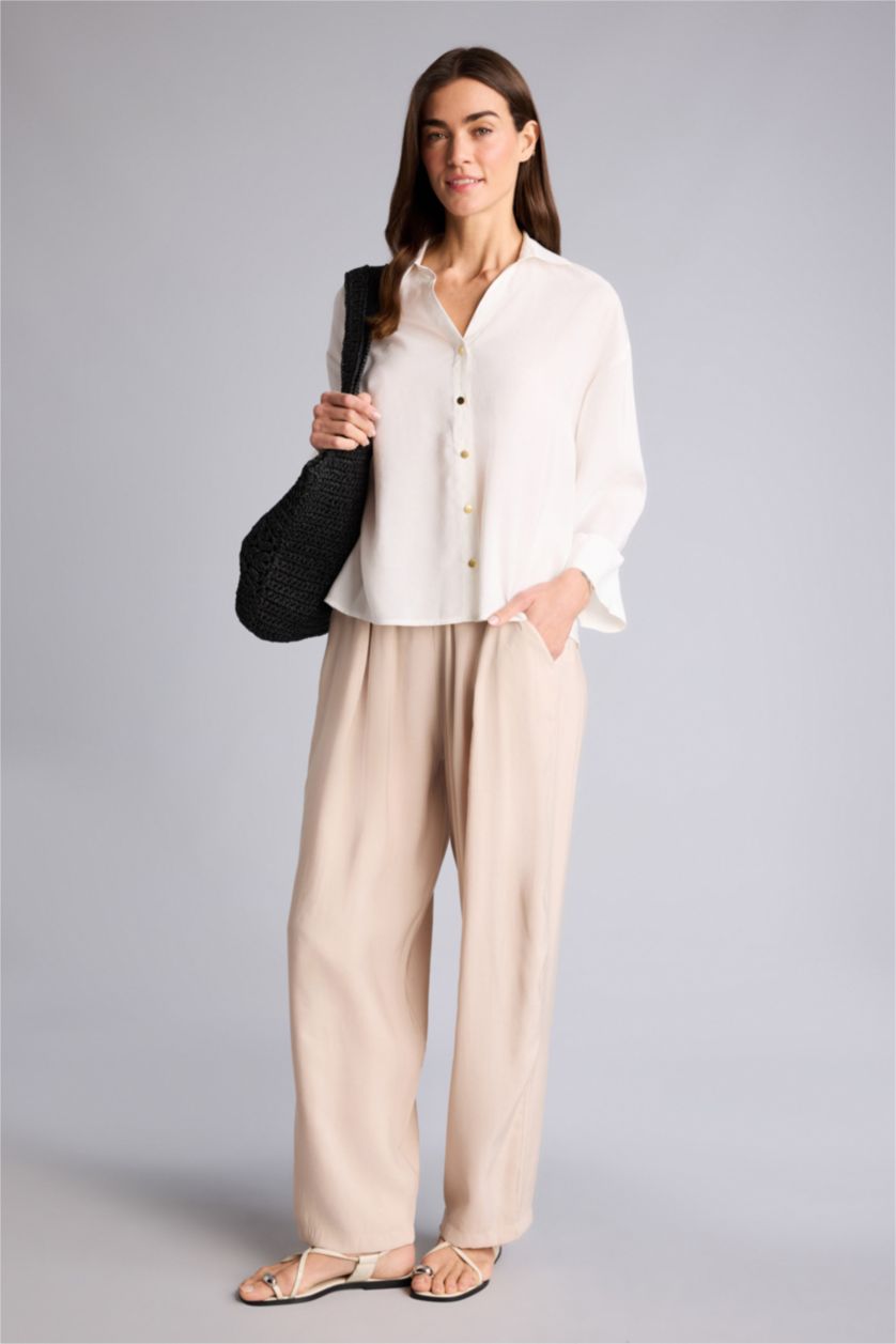 Kadın Açık Bej Regular Fıt Yüksek Bel Düz Paça Keten Görünümlü Pantolon