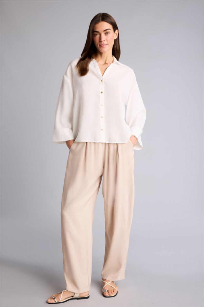 Kadın Açık Bej Regular Fıt Yüksek Bel Düz Paça Keten Görünümlü Pantolon