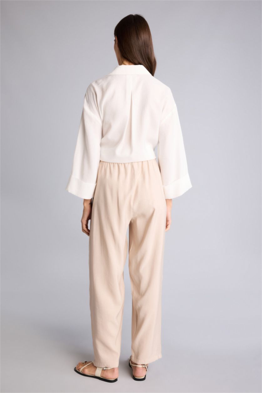 Kadın Açık Bej Regular Fıt Yüksek Bel Düz Paça Keten Görünümlü Pantolon