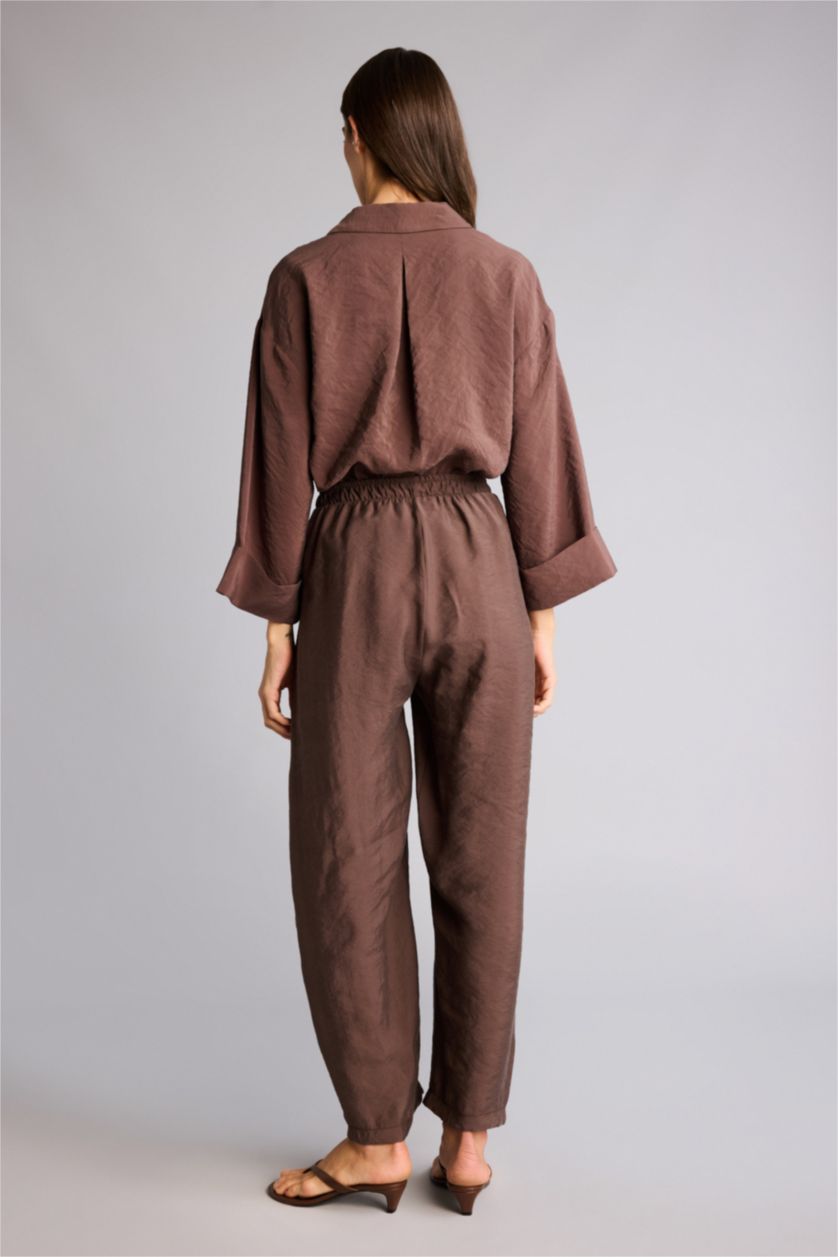 Kadın Kahve Regular Fıt Yüksek Bel Düz Paça Keten Görünümlü Pantolon