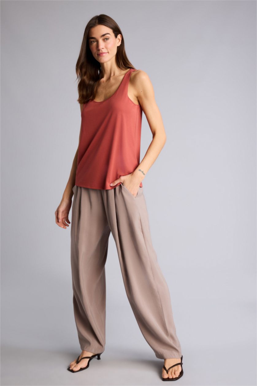 Kadın Açık Kahve Yüksek Bel Keten Görünümlü Pantolon