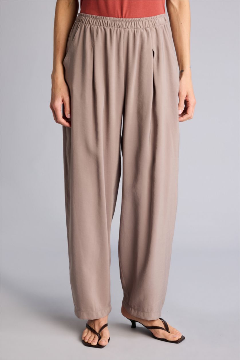 Kadın Açık Kahve Yüksek Bel Keten Görünümlü Pantolon