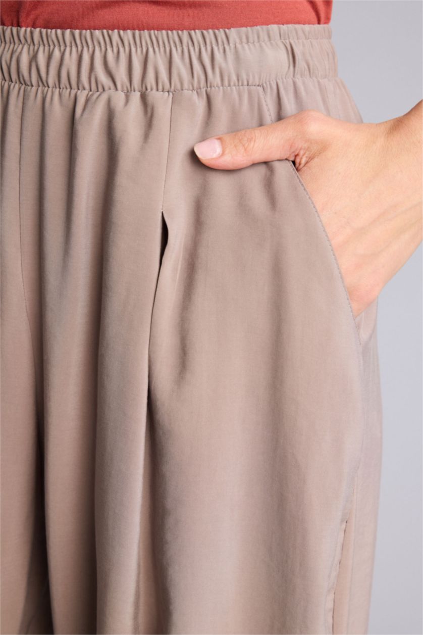 Kadın Açık Kahve Yüksek Bel Keten Görünümlü Pantolon