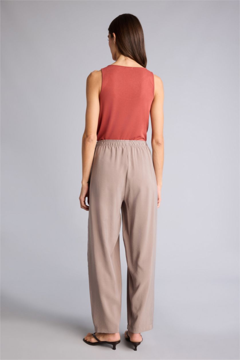 Kadın Açık Kahve Yüksek Bel Keten Görünümlü Pantolon