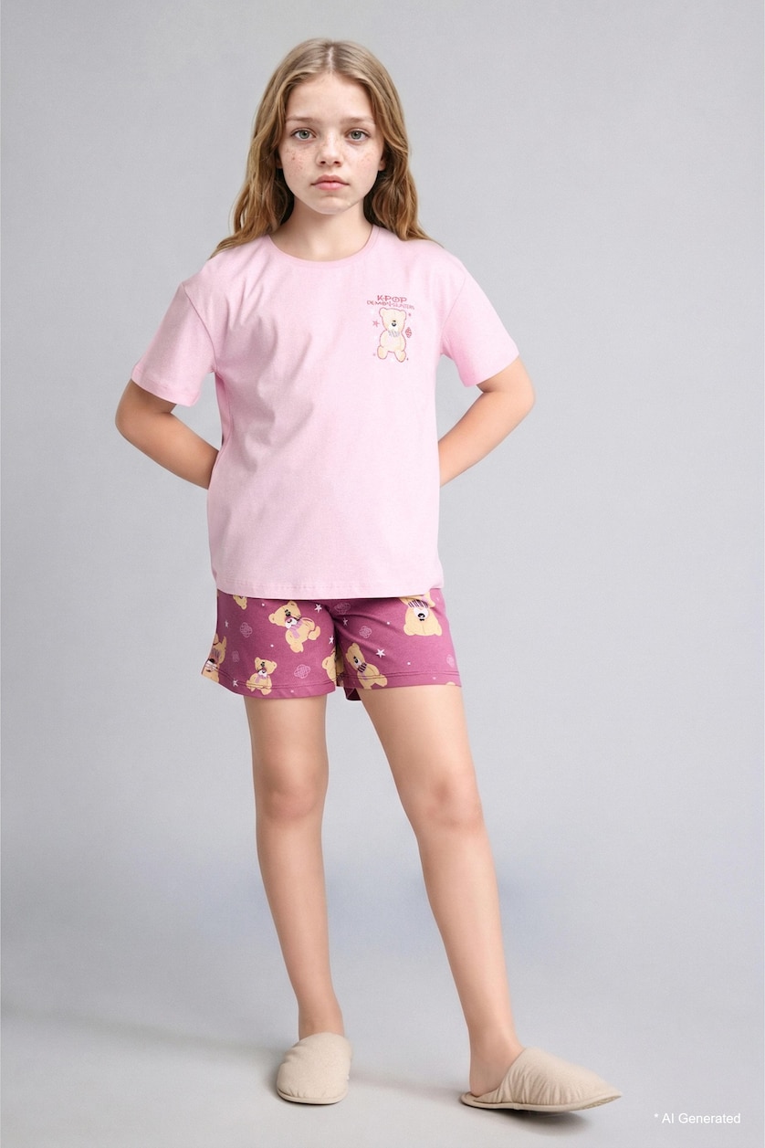 Young Girls - Teen Girls Pink Girl 100% Cotton Kpop - Demon Hunters Relax Fit 2 Piece Pyjama Set