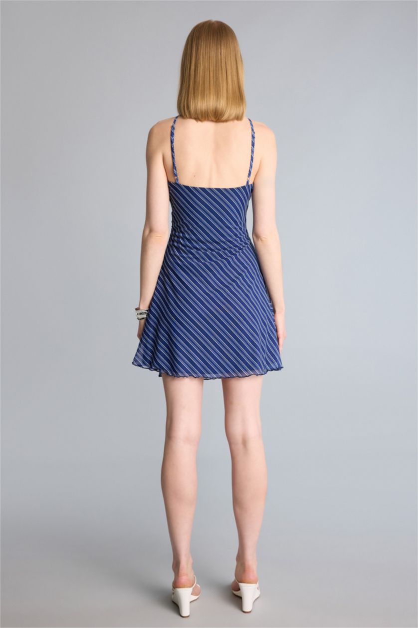 Kadın Lacivert Tül Çiçek Desenli Mini Elbise