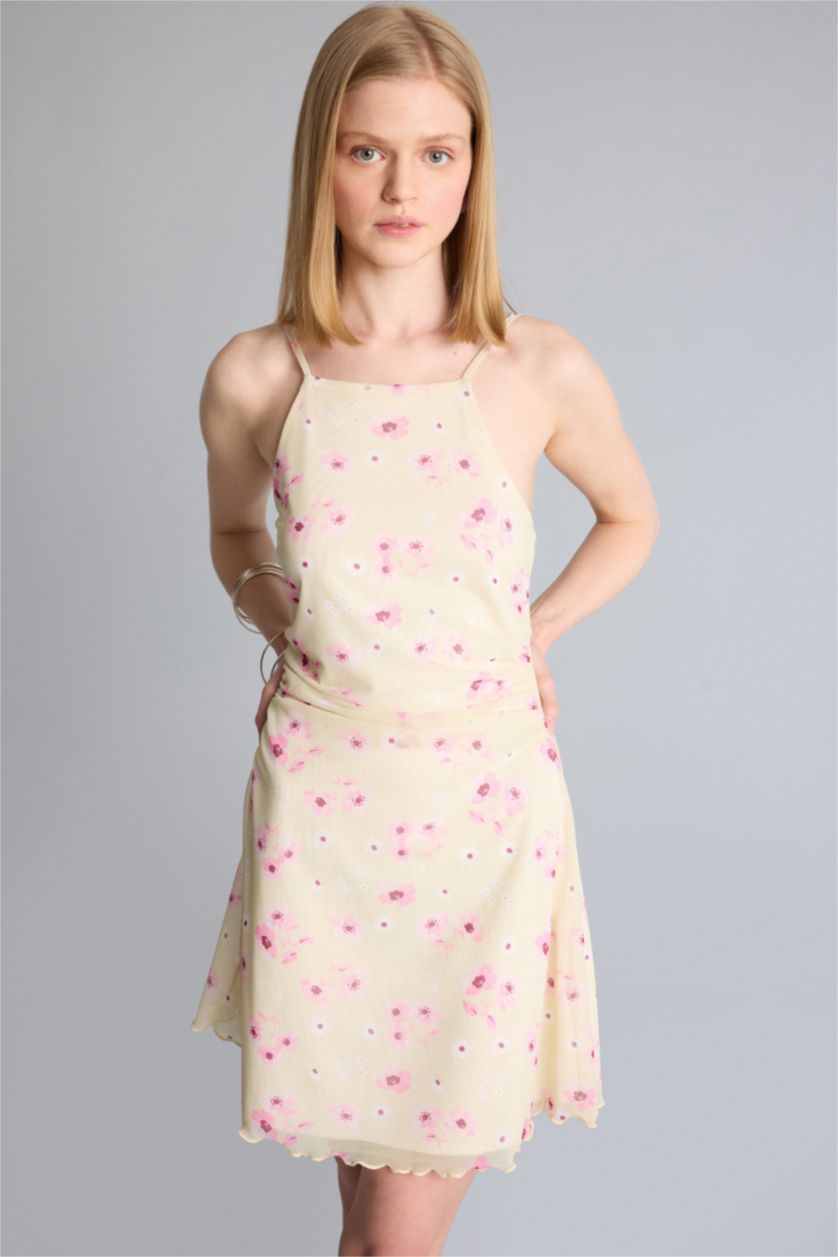 Kadın Açık Sarı Tül Çiçek Desenli Mini Elbise