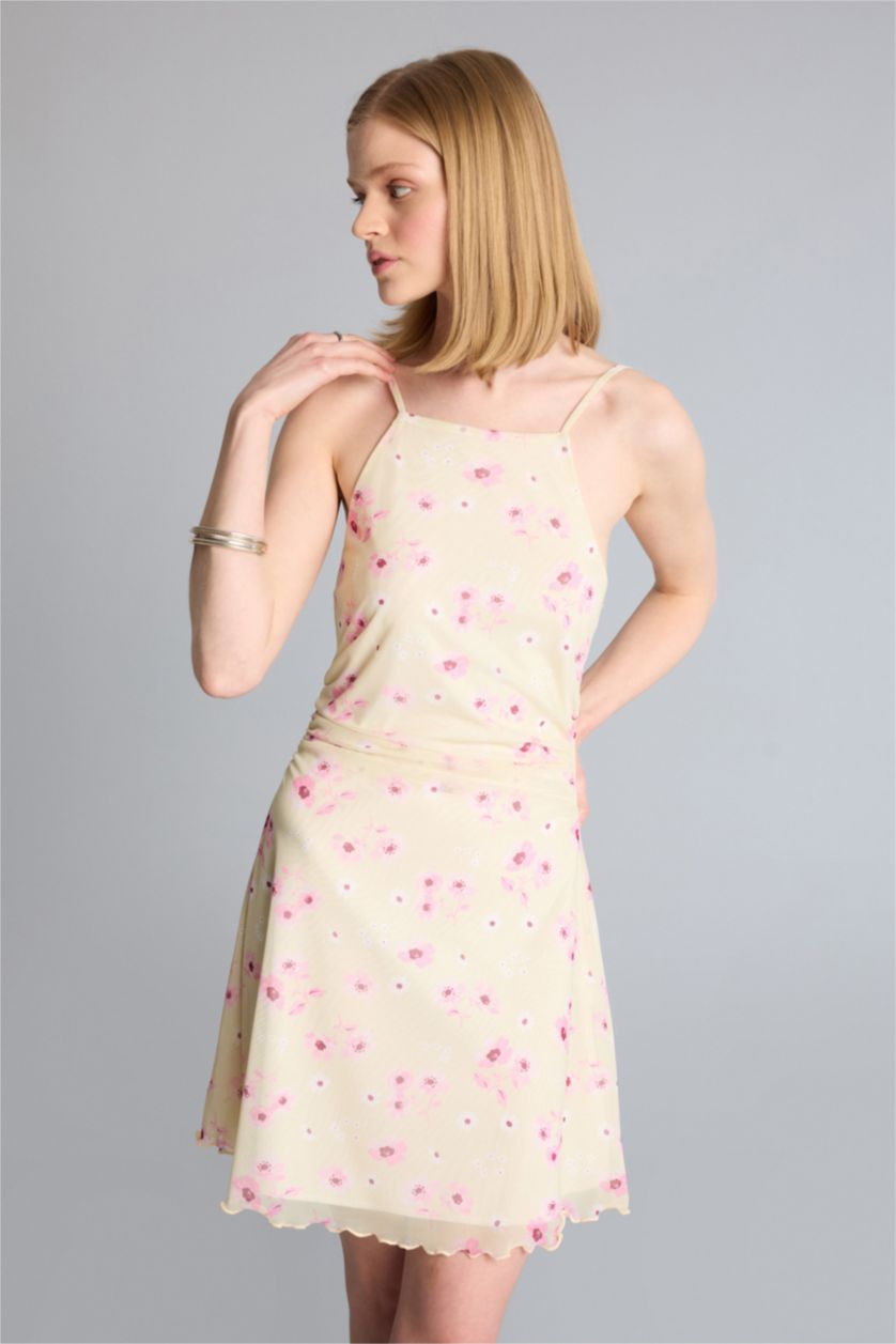 Kadın Açık Sarı Tül Çiçek Desenli Mini Elbise