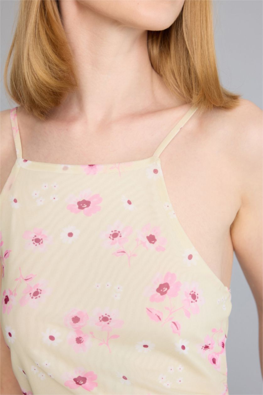 Kadın Açık Sarı Tül Çiçek Desenli Mini Elbise