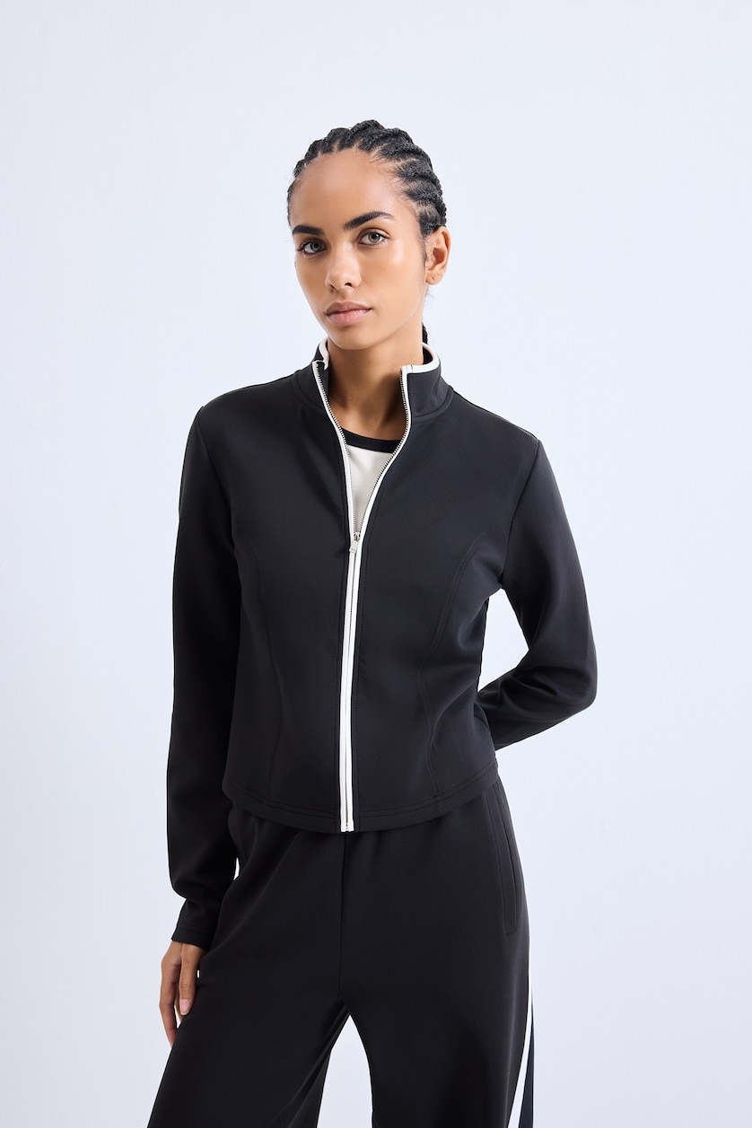 Women Black Standard Fit Scuba Fabric Cardigan