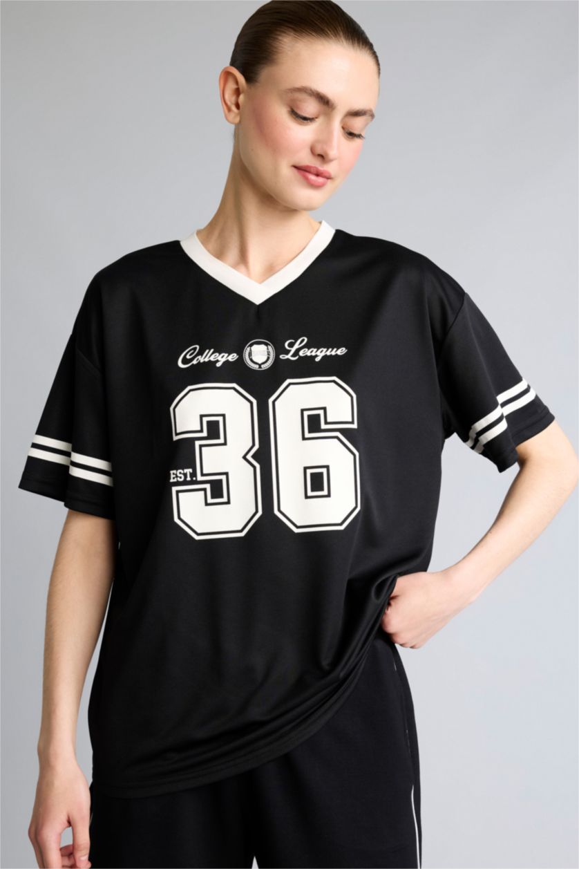 Women Black Oversize V-Neck Sports Mesh Jersey T-Shirt