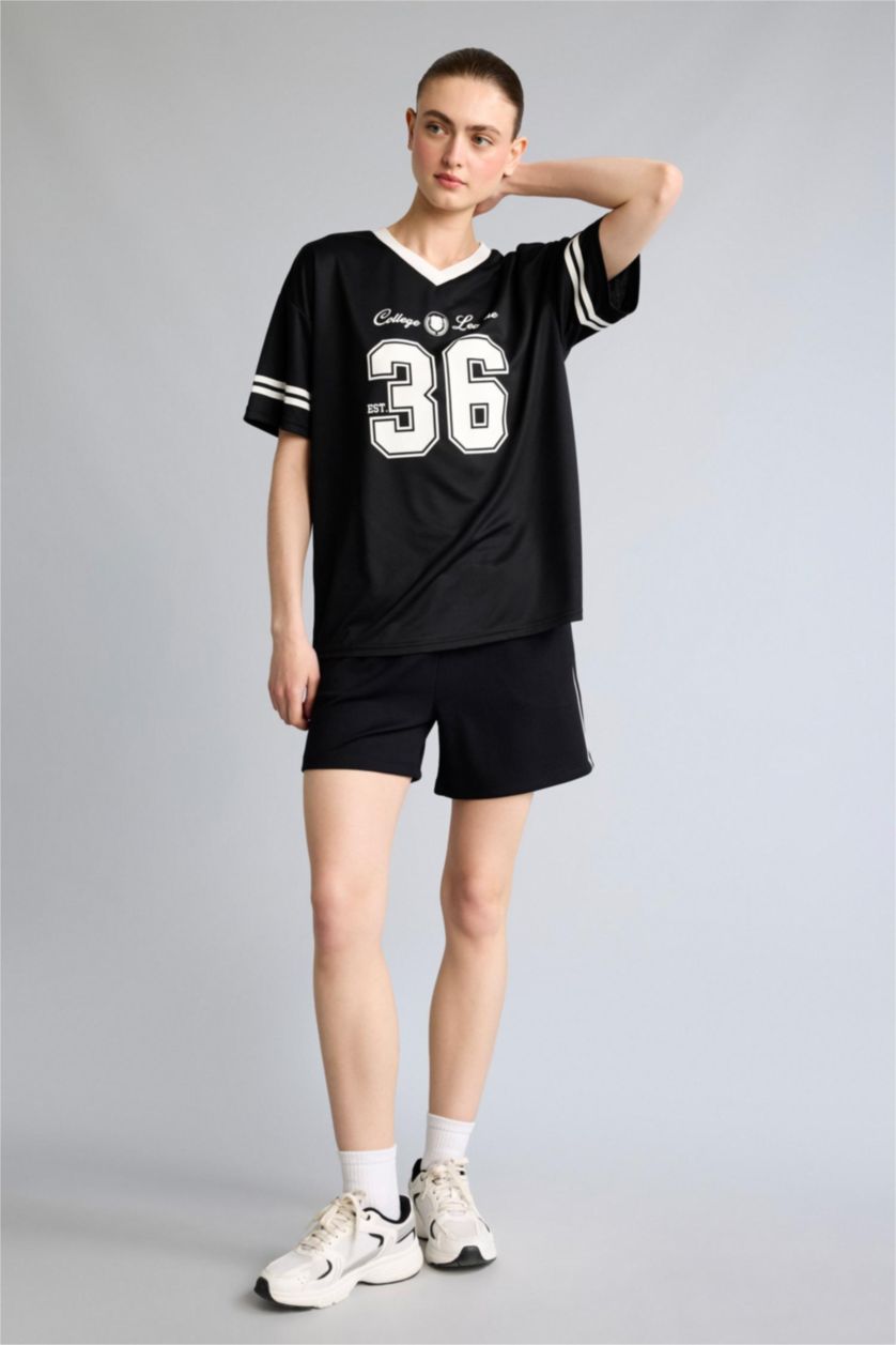 Women Black Oversize V-Neck Sports Mesh Jersey T-Shirt