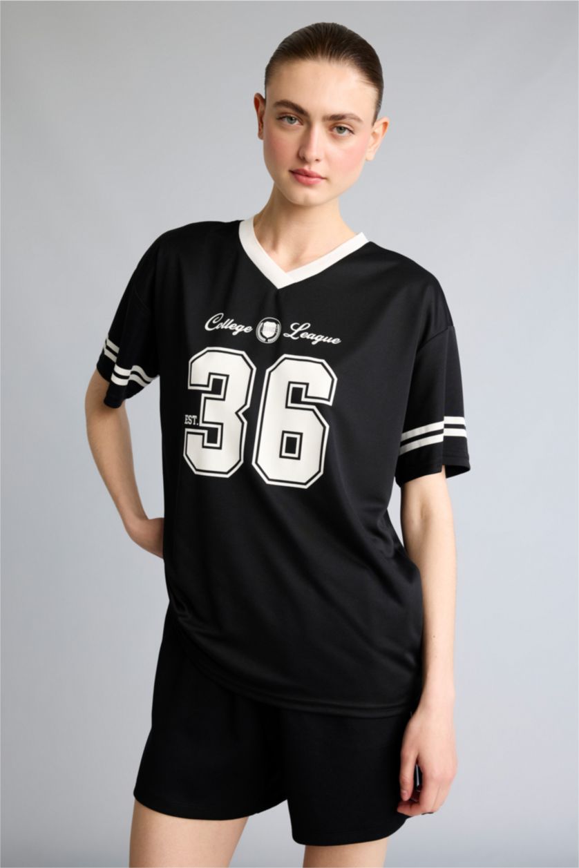 Women Black Oversize V-Neck Sports Mesh Jersey T-Shirt