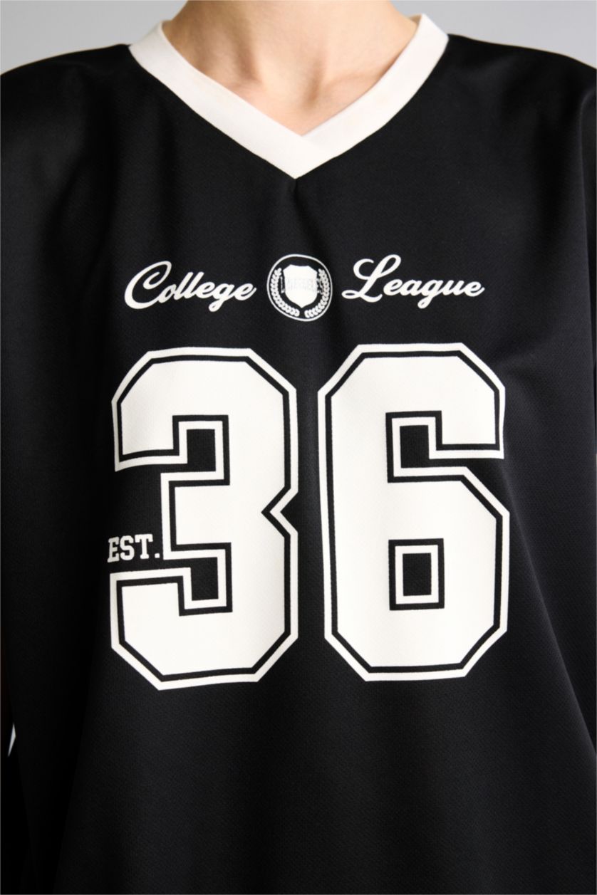 Women Black Oversize V-Neck Sports Mesh Jersey T-Shirt