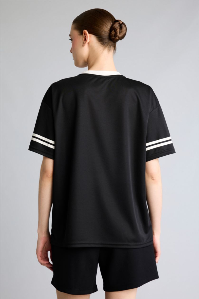 Women Black Oversize V-Neck Sports Mesh Jersey T-Shirt