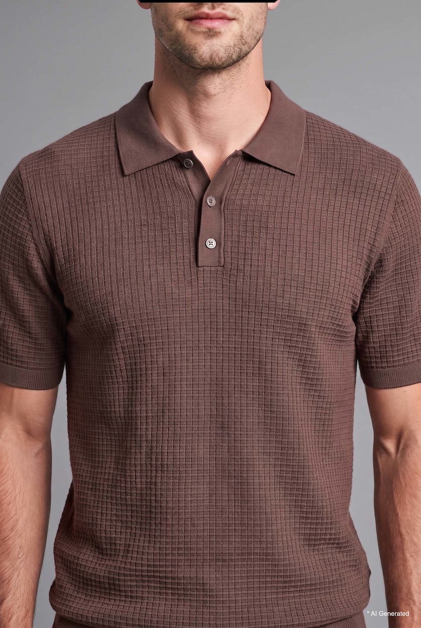 Erkek Kahve Standart Fit Dokulu Basic Triko Polo Tişört