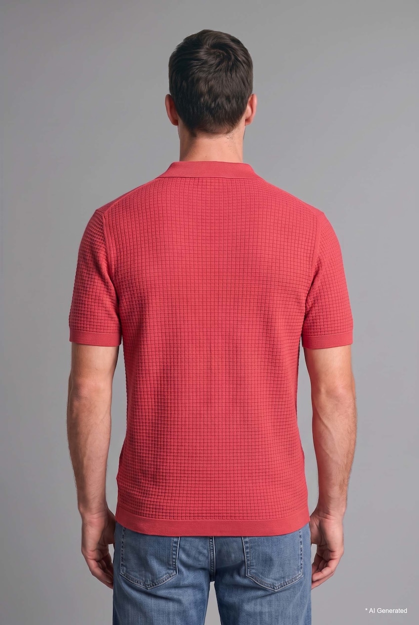 HOMME Orange Foncé T-shirt Polo basic à manches courtes en tricot texturé à col rond Coupe standard