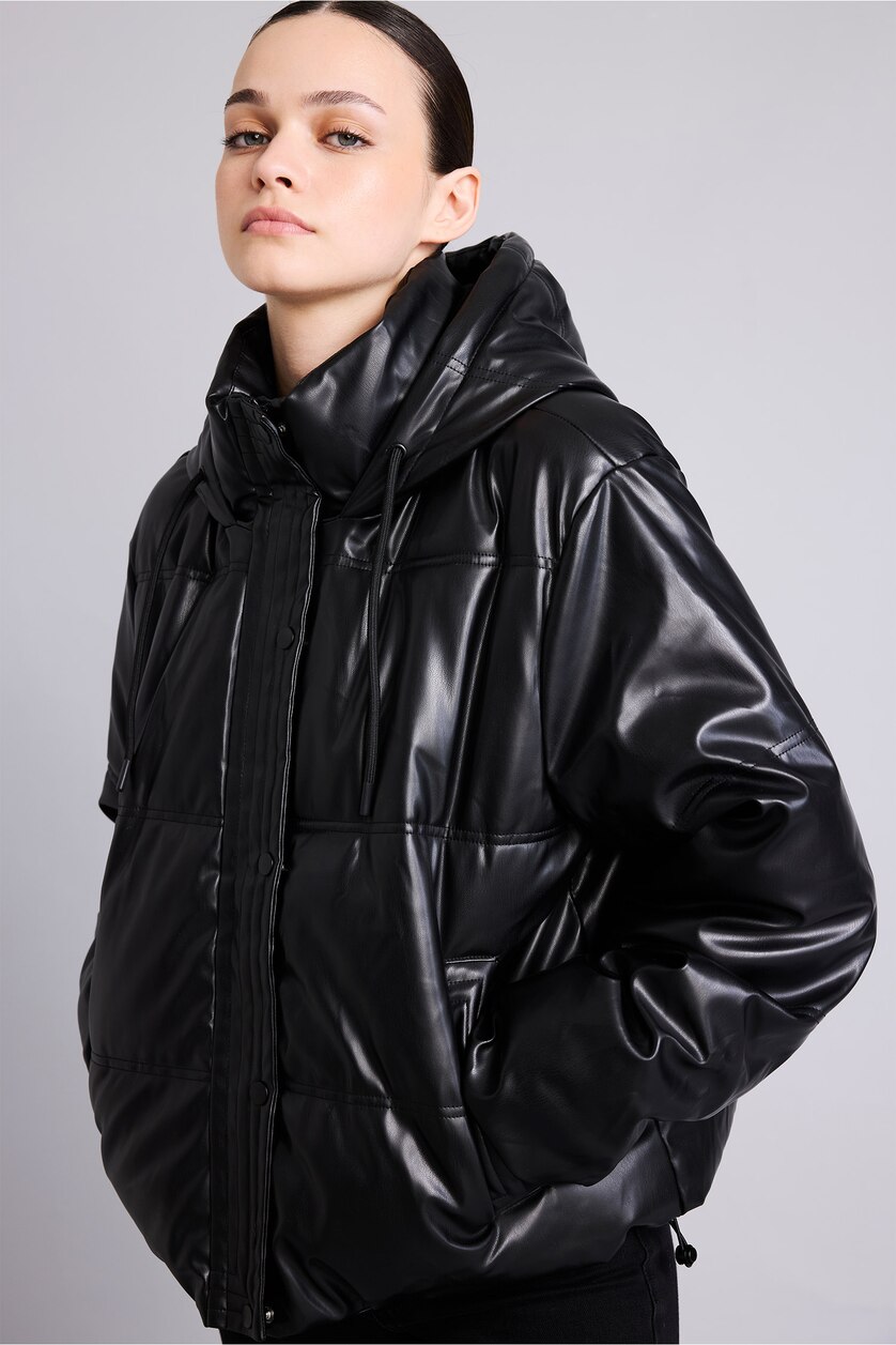 FEMME Noir Veste en similicuir à capuche et poches Coupe régulière