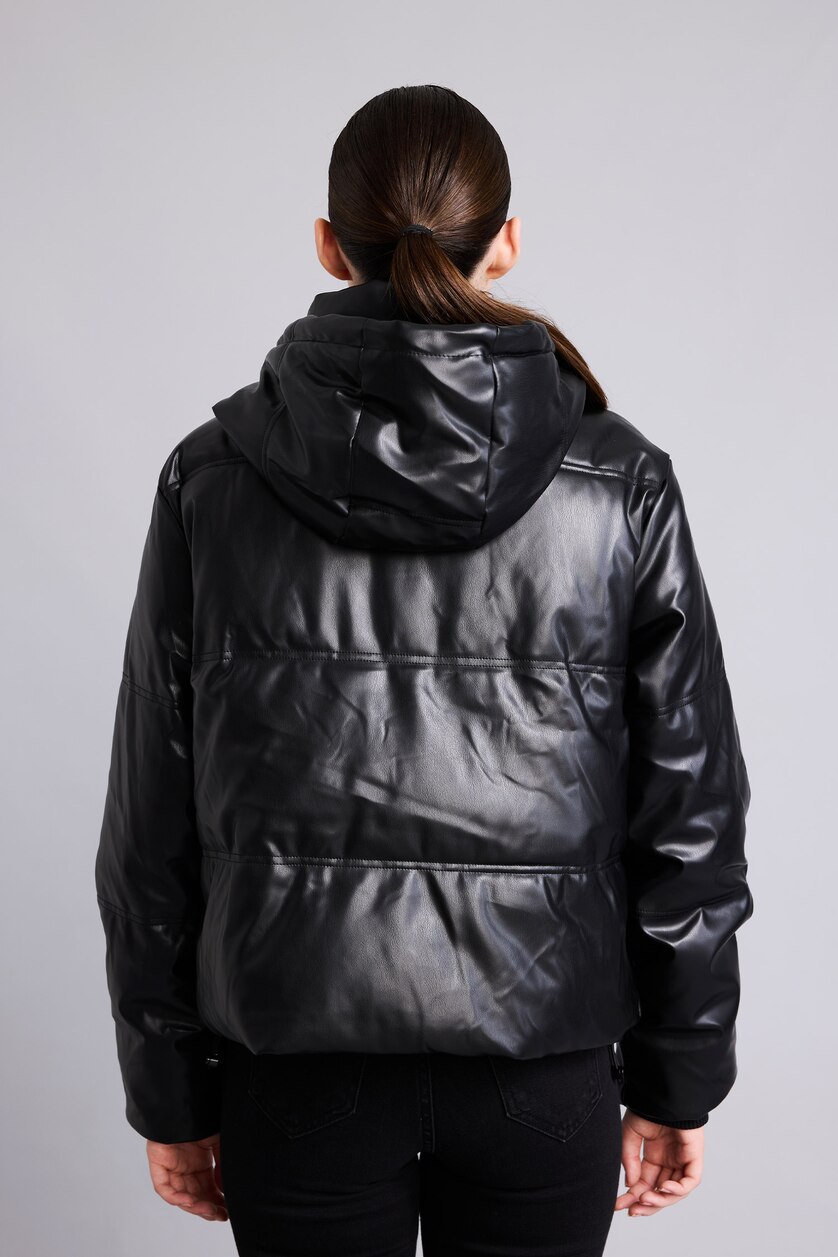 FEMME Noir Veste en similicuir à capuche et poches Coupe régulière