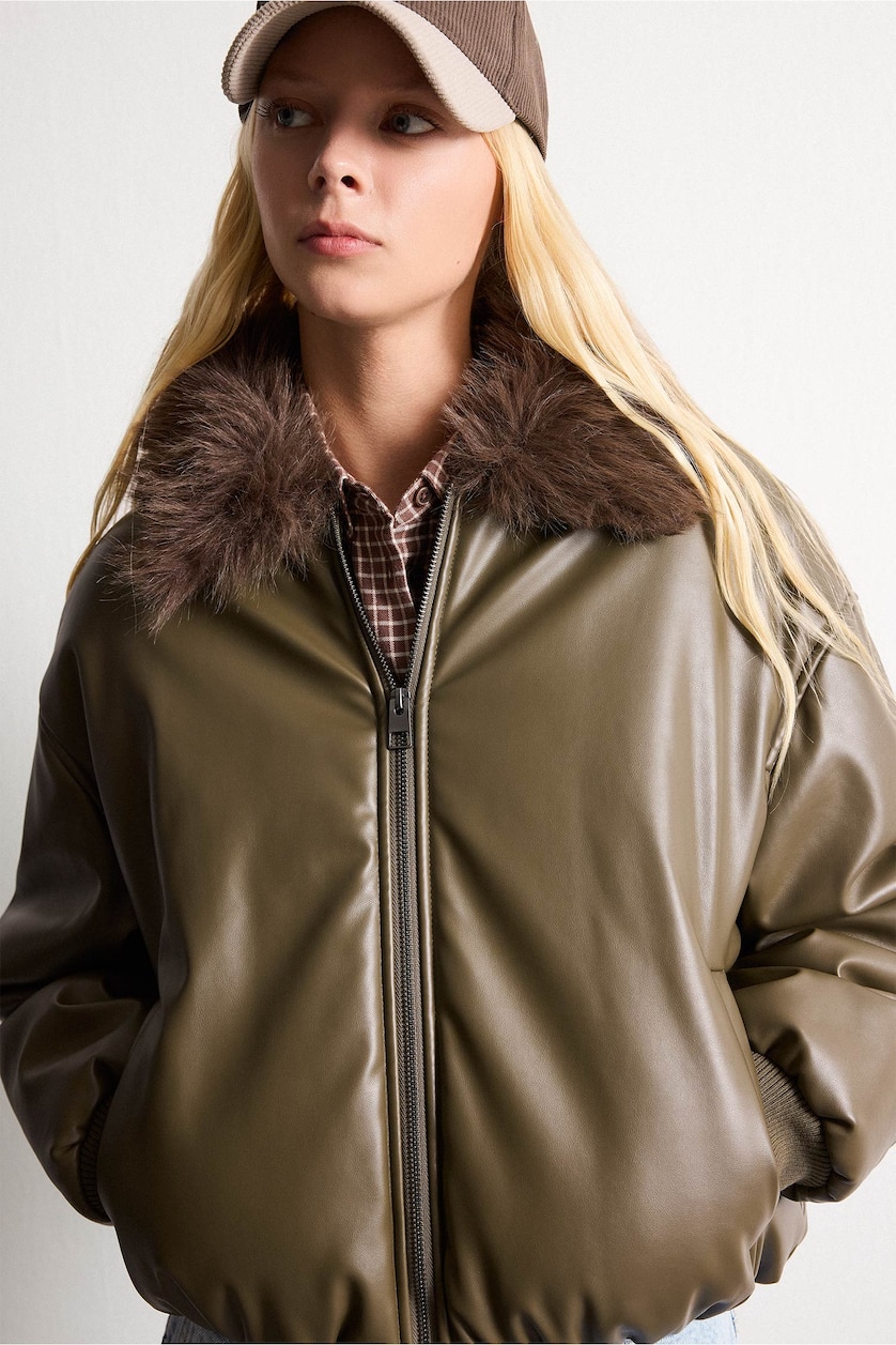 Women Khaki Balloon Fit Waterproof Faux Leather Jacket
