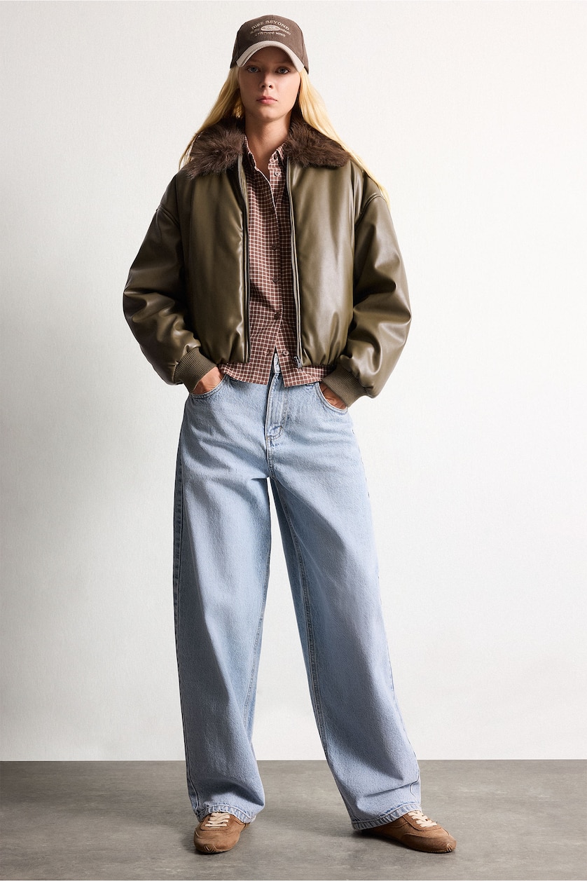 Women Khaki Balloon Fit Waterproof Faux Leather Jacket