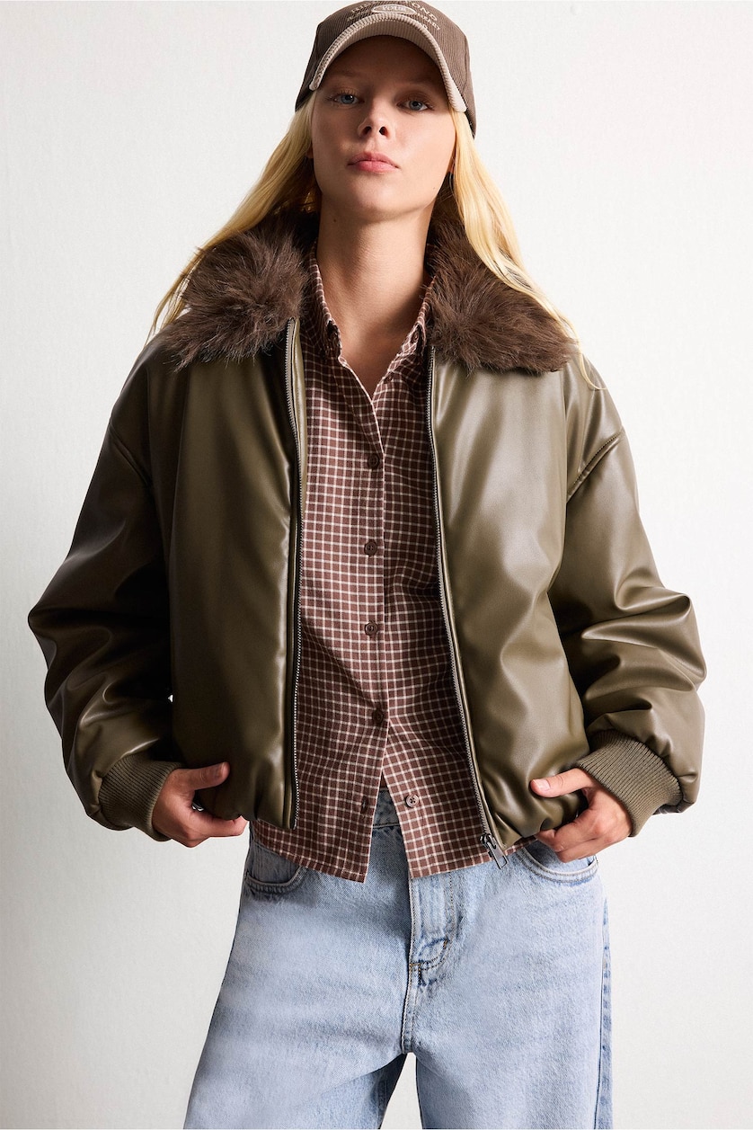 Women Khaki Balloon Fit Waterproof Faux Leather Jacket