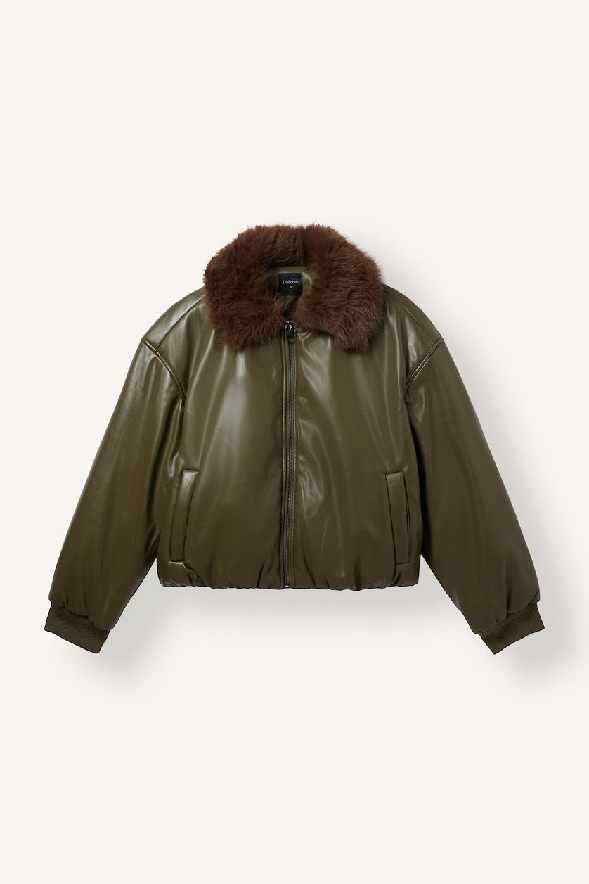 Women Khaki Balloon Fit Waterproof Faux Leather Jacket
