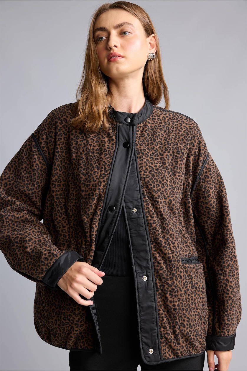 Kadın Siyah Relaxed Fit Leopar Desenli Mont