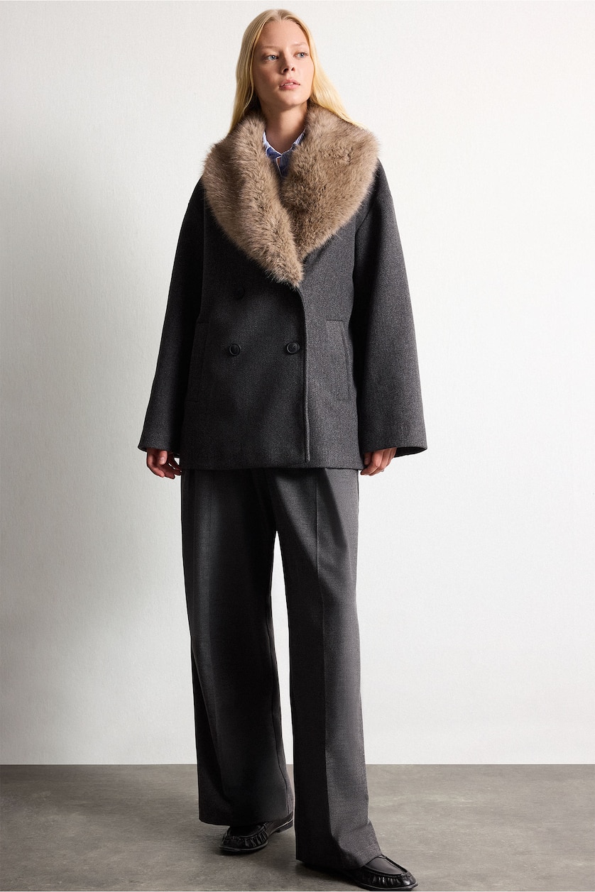 Women Anthracite Regular Fit Fur Collar Cashmere Coat