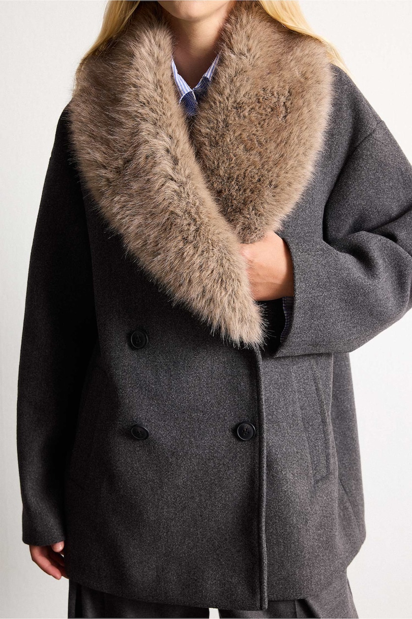 Women Anthracite Regular Fit Fur Collar Cashmere Coat