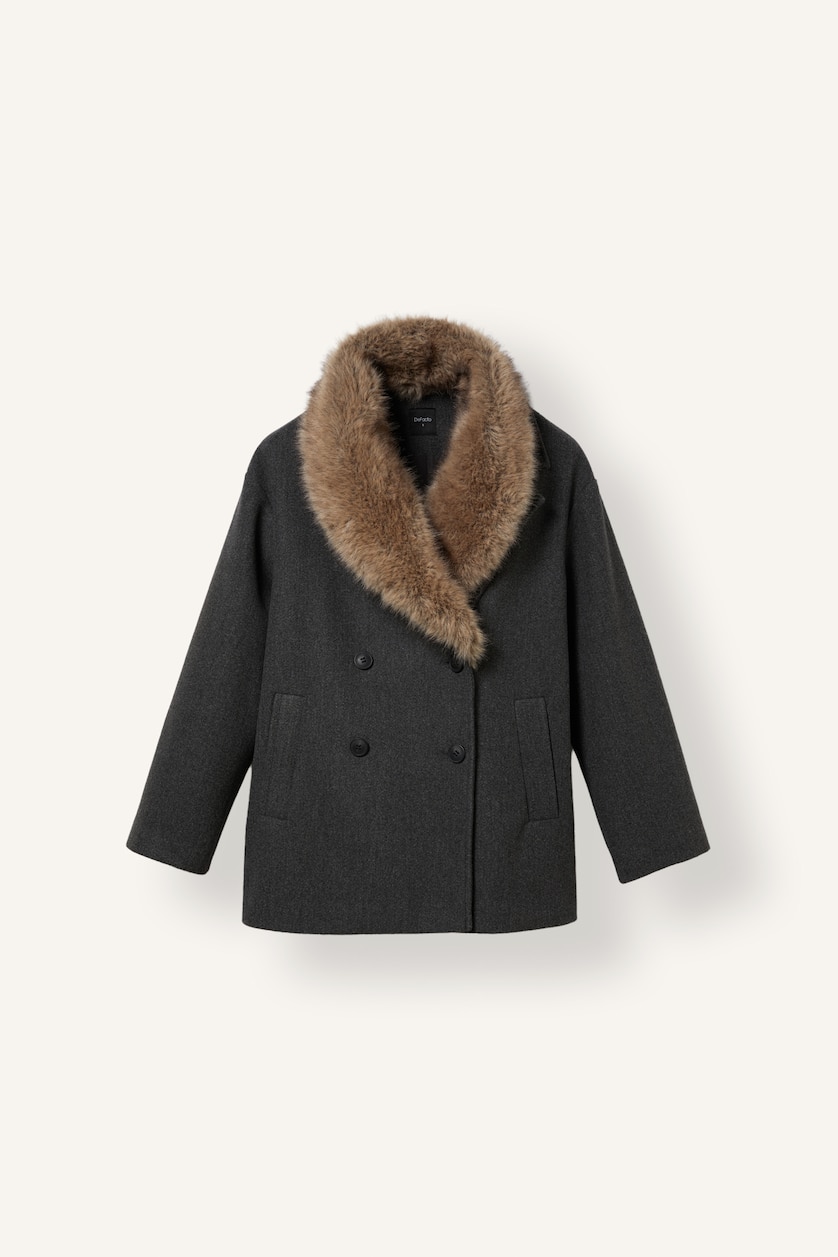 Women Anthracite Regular Fit Fur Collar Cashmere Coat