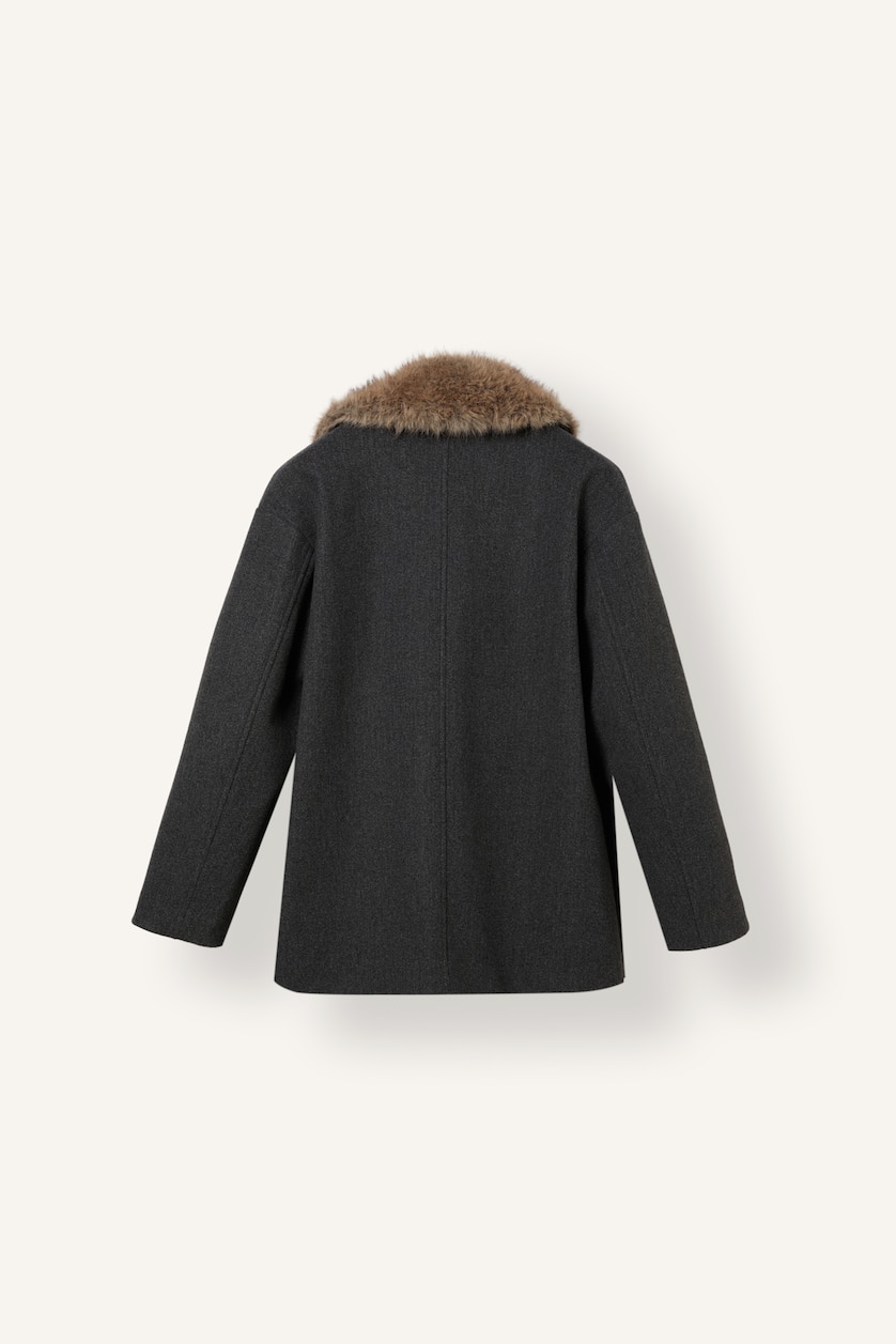 Women Anthracite Regular Fit Fur Collar Cashmere Coat