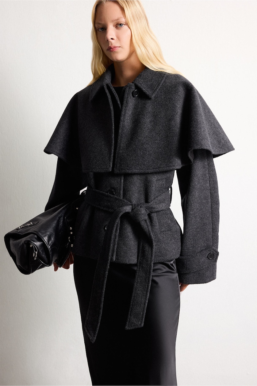 FEMME Anthracite Manteau en drap de laine à détail cape ceinturé Coupe régulière