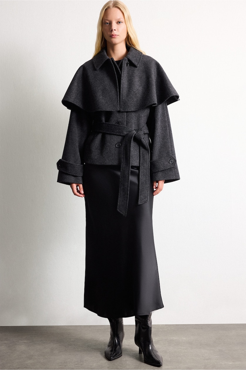 FEMME Anthracite Manteau en drap de laine à détail cape ceinturé Coupe régulière