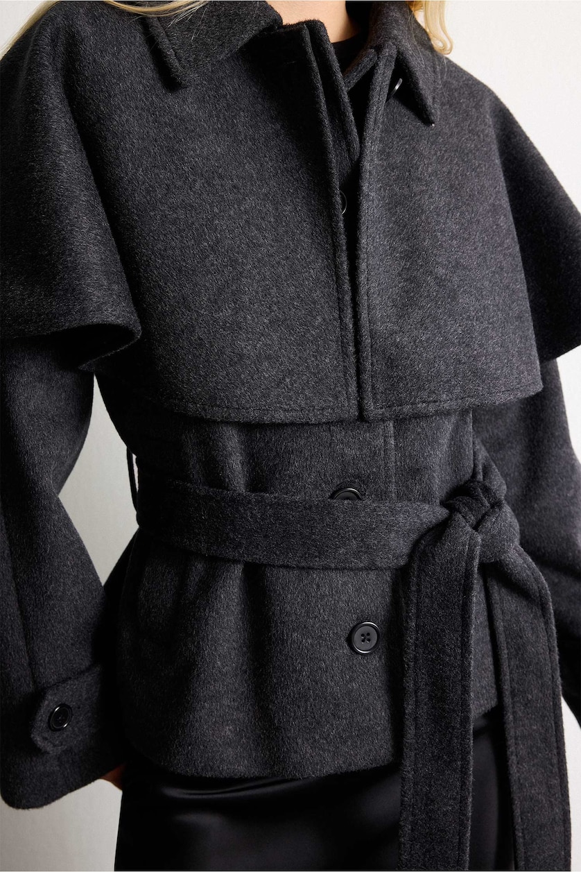 FEMME Anthracite Manteau en drap de laine à détail cape ceinturé Coupe régulière
