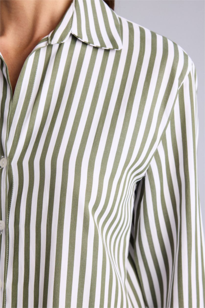 Kadın Koyu Haki Çizgili Uzun Kollu Gömlek