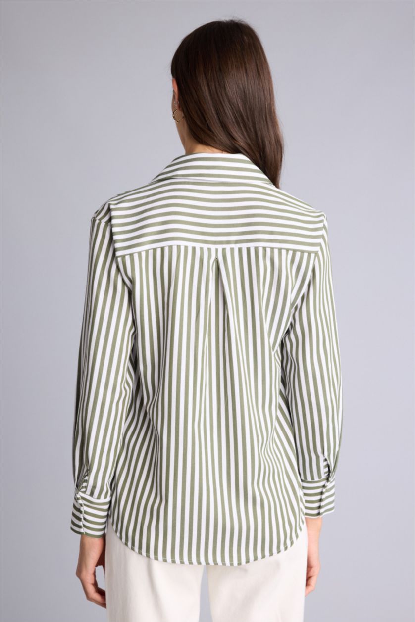Kadın Koyu Haki Çizgili Uzun Kollu Gömlek