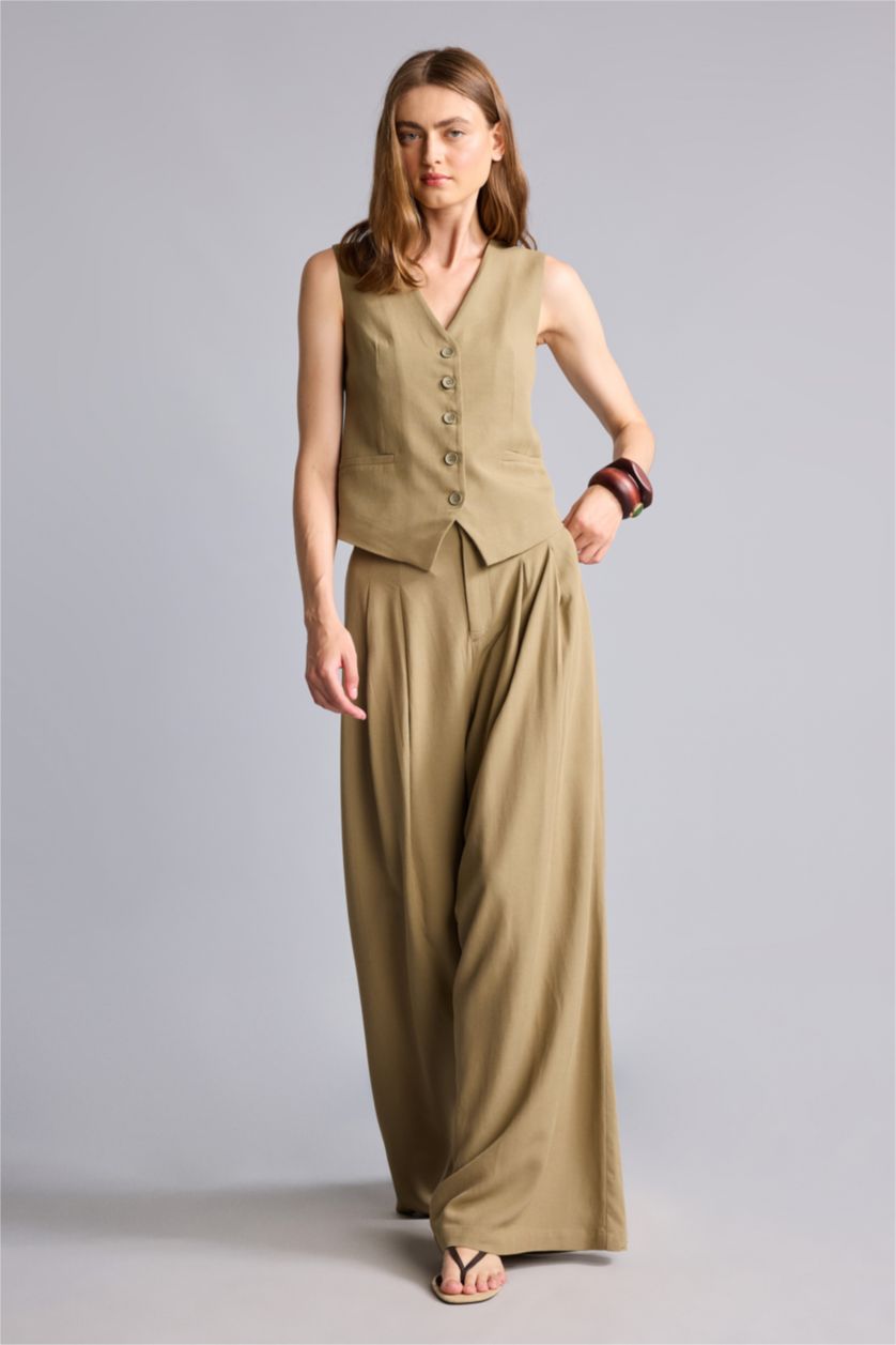 Woman Light Khaki Wide Leg Trousers