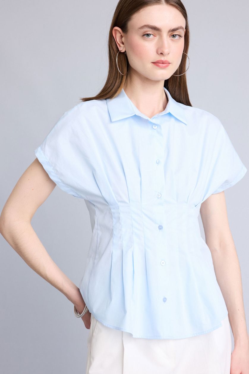 Kadın Açık Mavi Fitted Kısa kollu Poplin Gömlek