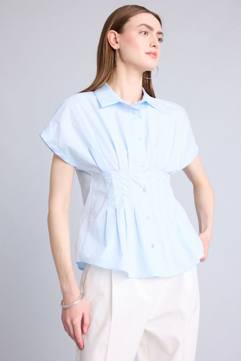 Kadın Açık Mavi Fitted Kısa kollu Poplin Gömlek