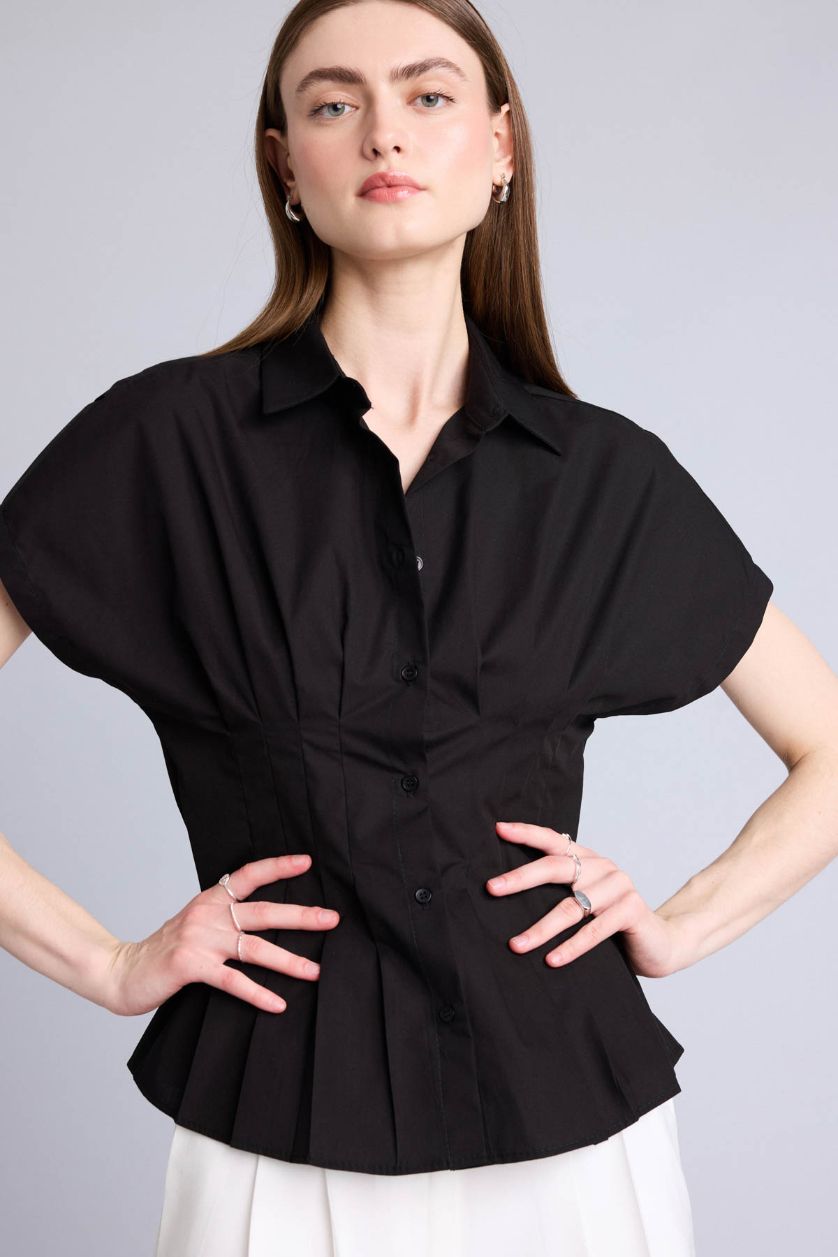 Kadın Siyah Fitted Kısa kollu Poplin Gömlek