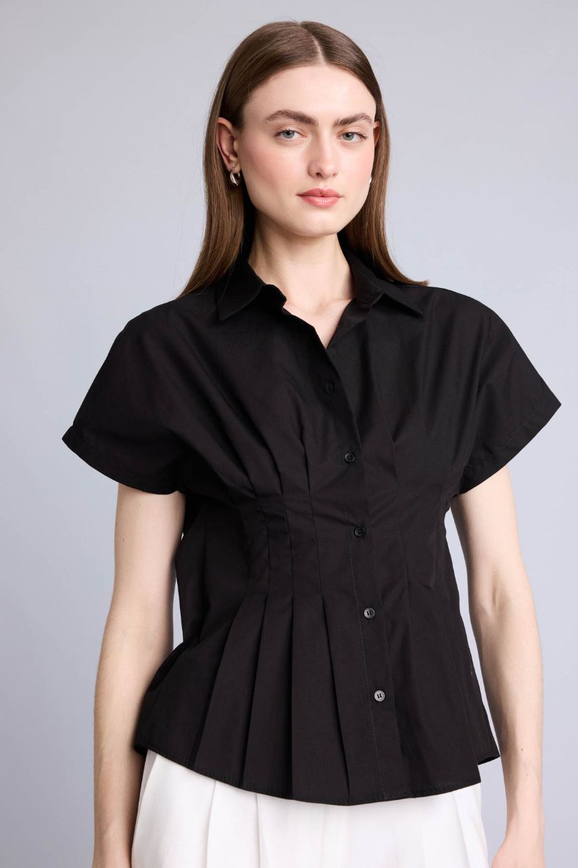 Kadın Siyah Fitted Kısa kollu Poplin Gömlek