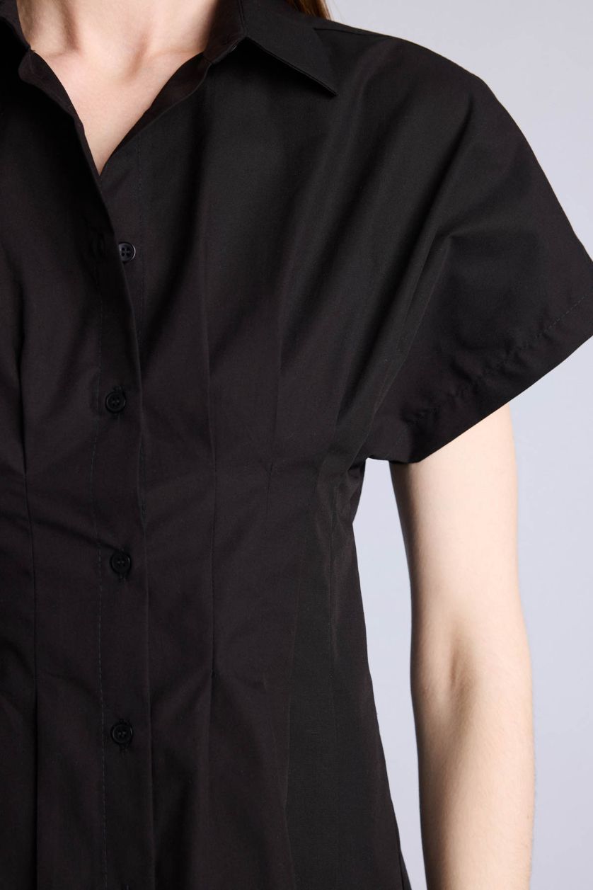 Kadın Siyah Fitted Kısa kollu Poplin Gömlek