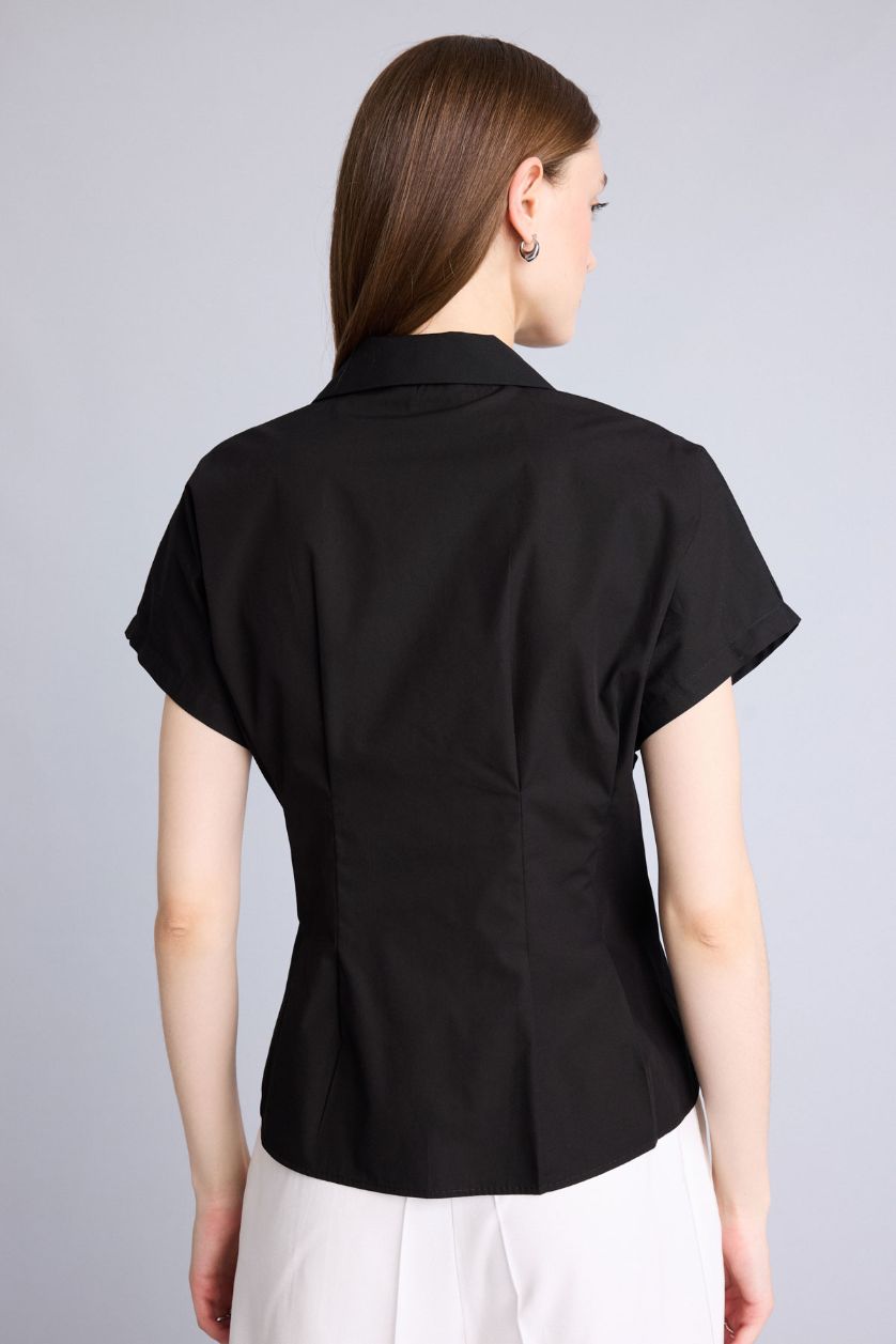 Kadın Siyah Fitted Kısa kollu Poplin Gömlek