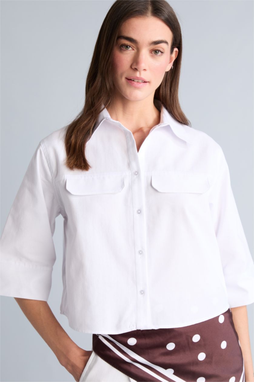 Kadın Kırık Beyaz Overshırt Fıt Kısa Kollu Gömlek