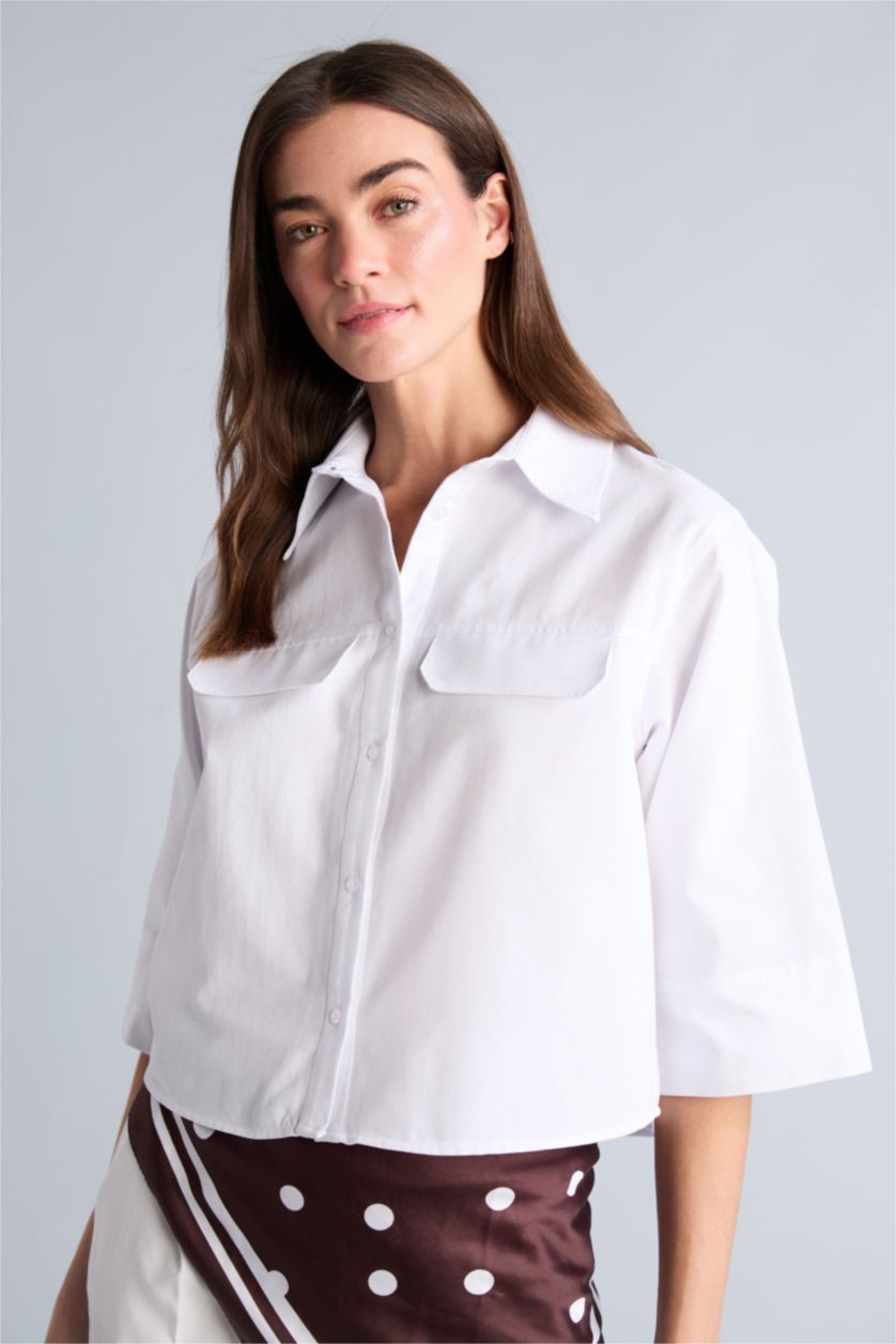 Kadın Kırık Beyaz Overshırt Fıt Kısa Kollu Gömlek