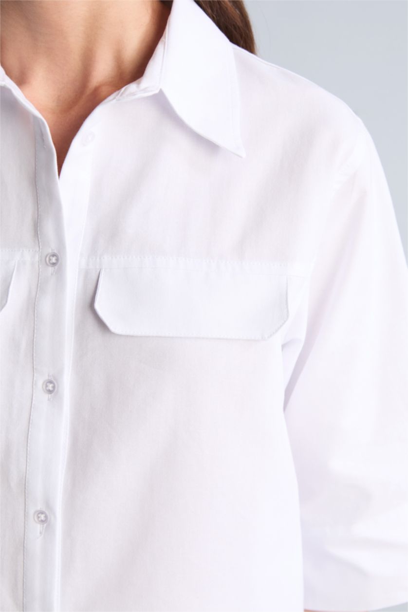 Kadın Kırık Beyaz Overshırt Fıt Kısa Kollu Gömlek